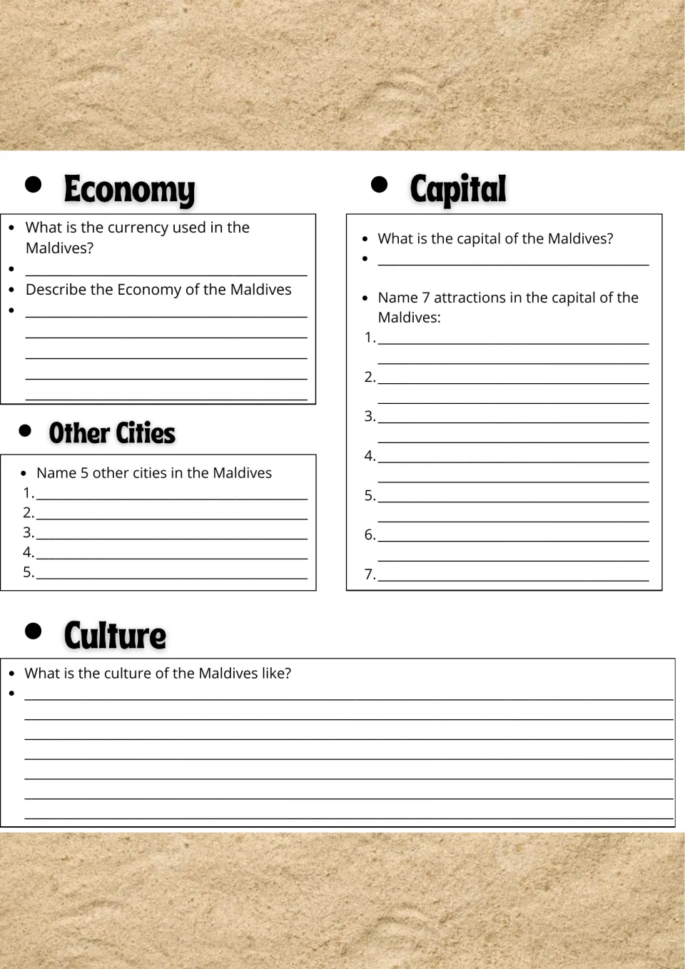 Maldives economy, capital and culture: students name the currency, 5 other cities and 7 capital attractions
