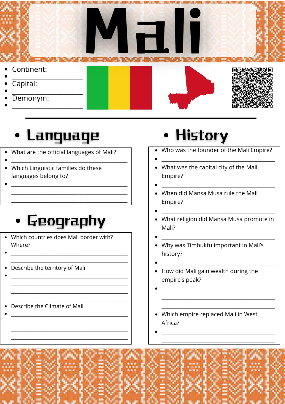 Mali research: students answer questions on its languages, borders, climate and Mali Empire history, with flag and map