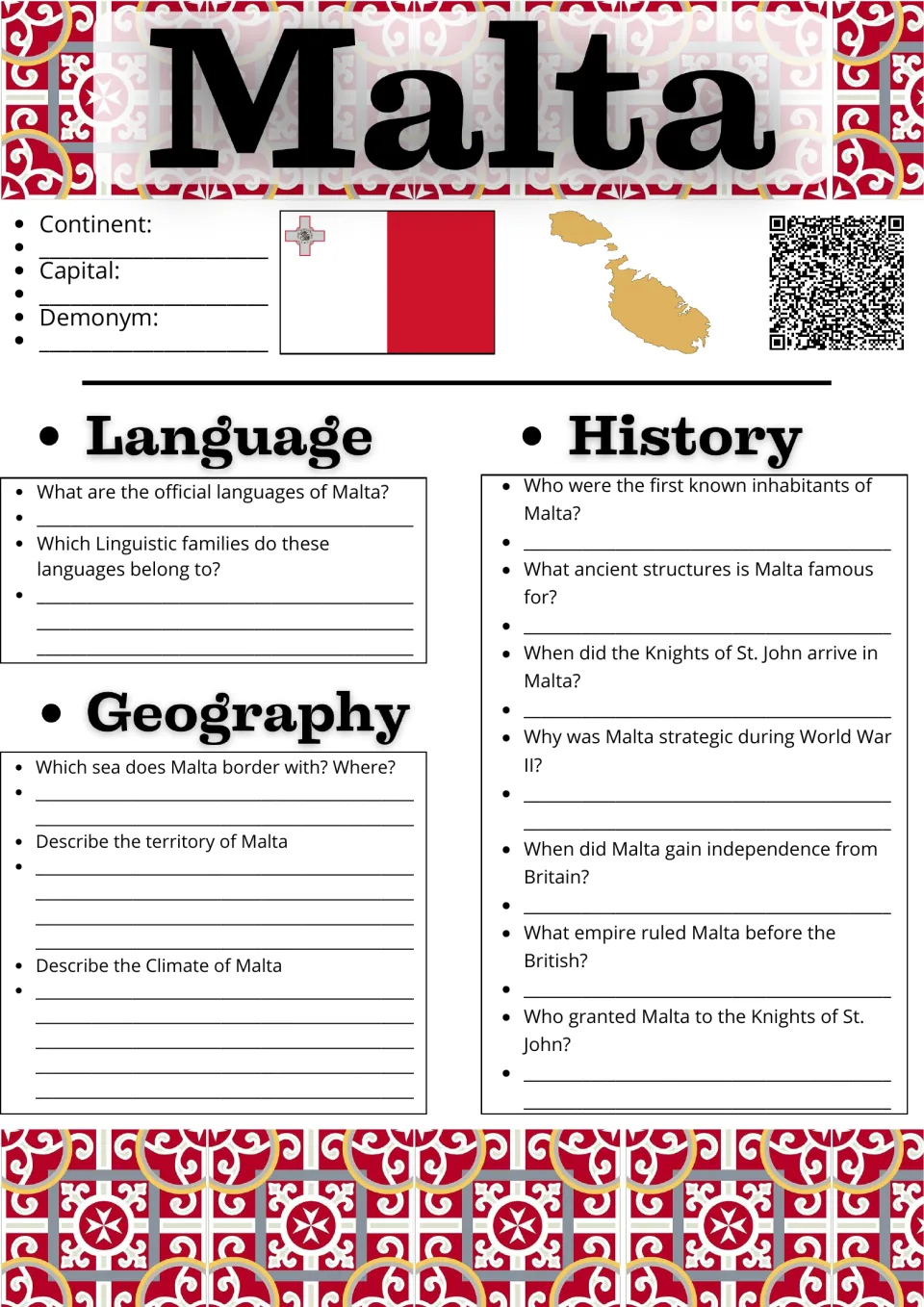 Malta research report page 1: country facts, official languages, geography, and history questions.