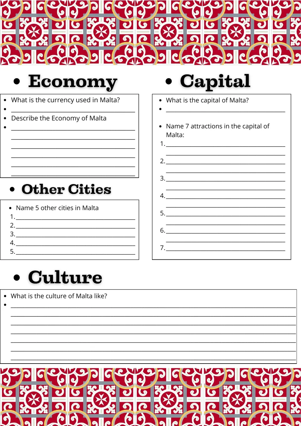 Malta research report page 2: economy, seven capital attractions, five other cities, and culture.
