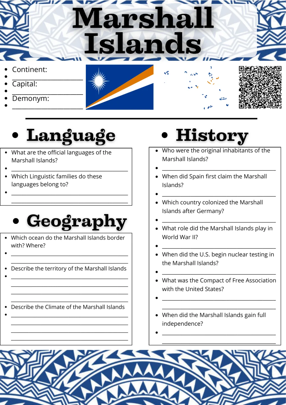 Marshall Islands: students note continent, capital and demonym, then answer language, geography and history questions