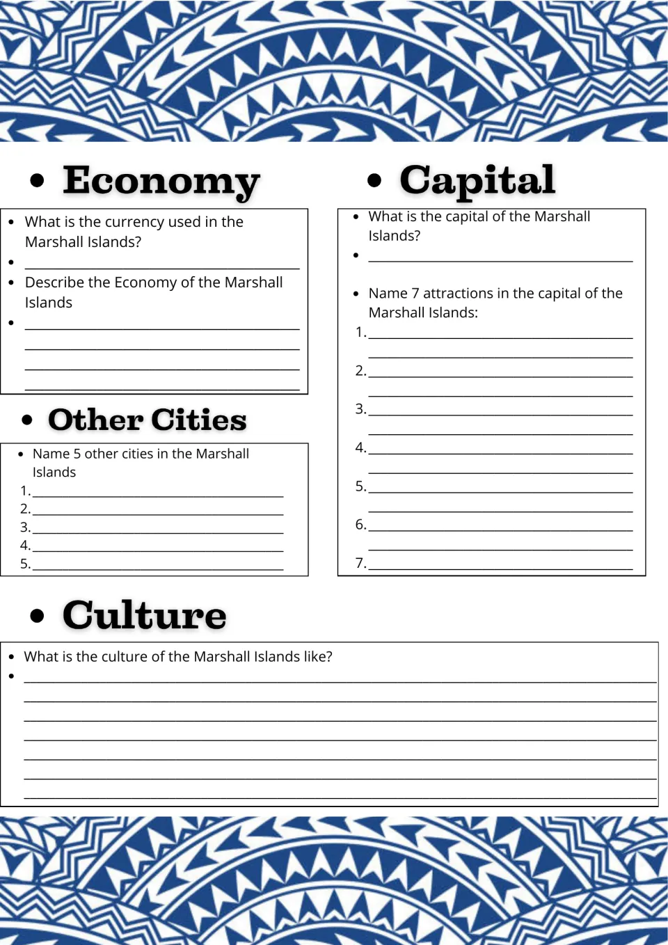 Marshall Islands economy and culture: students research the currency, capital, 5 other cities and 7 capital attractions