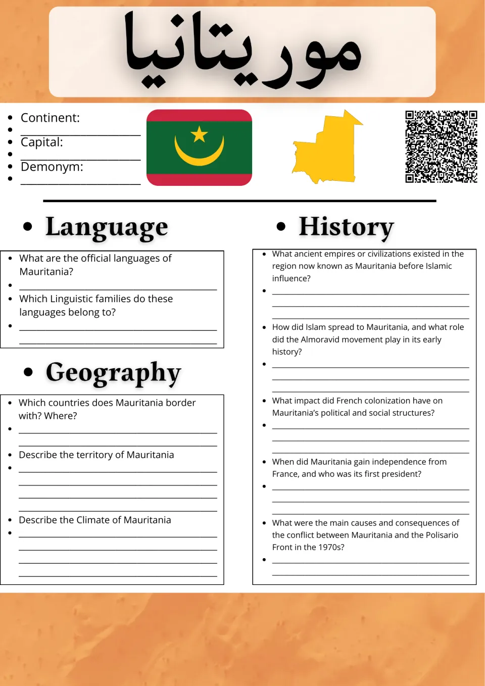 Mauritania country research: students note capital and demonym, then answer language, geography and history questions