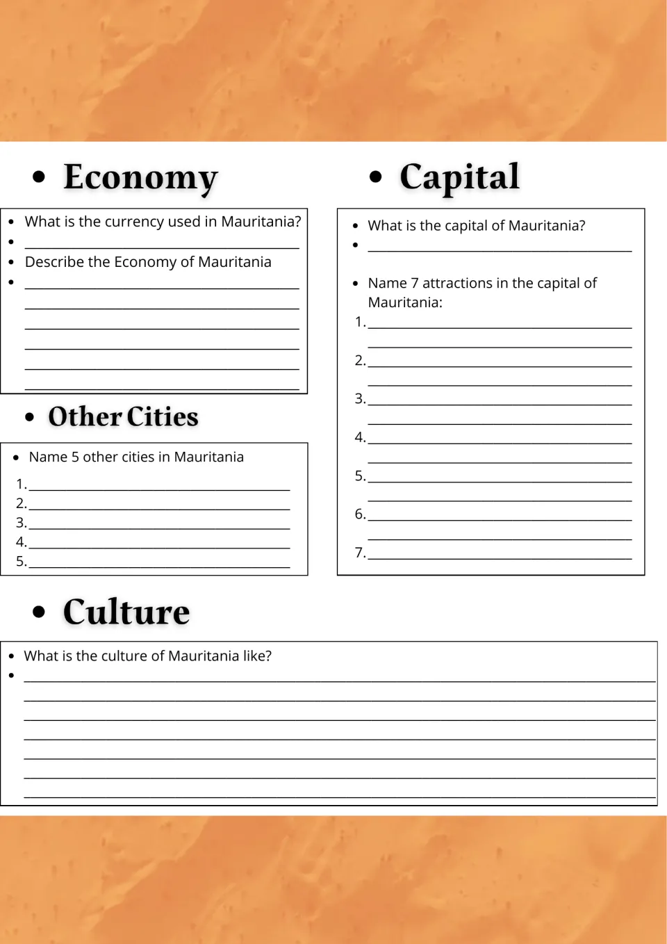Mauritania economy research: students give the currency, list 5 other cities and 7 capital attractions, describe culture