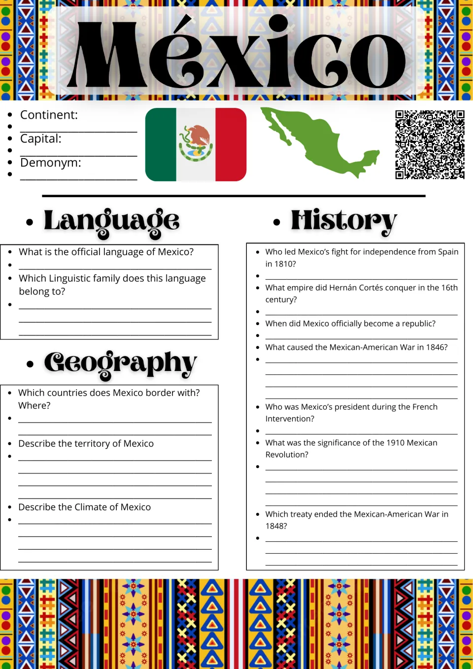Mexico research: students record continent, capital and demonym, then answer language, geography and history questions