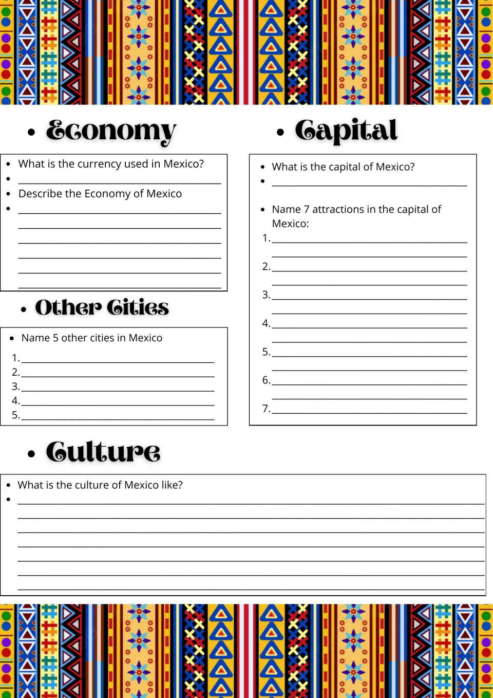 Mexico economy, capital and culture: students name the currency, 5 other cities and 7 attractions in the capital city