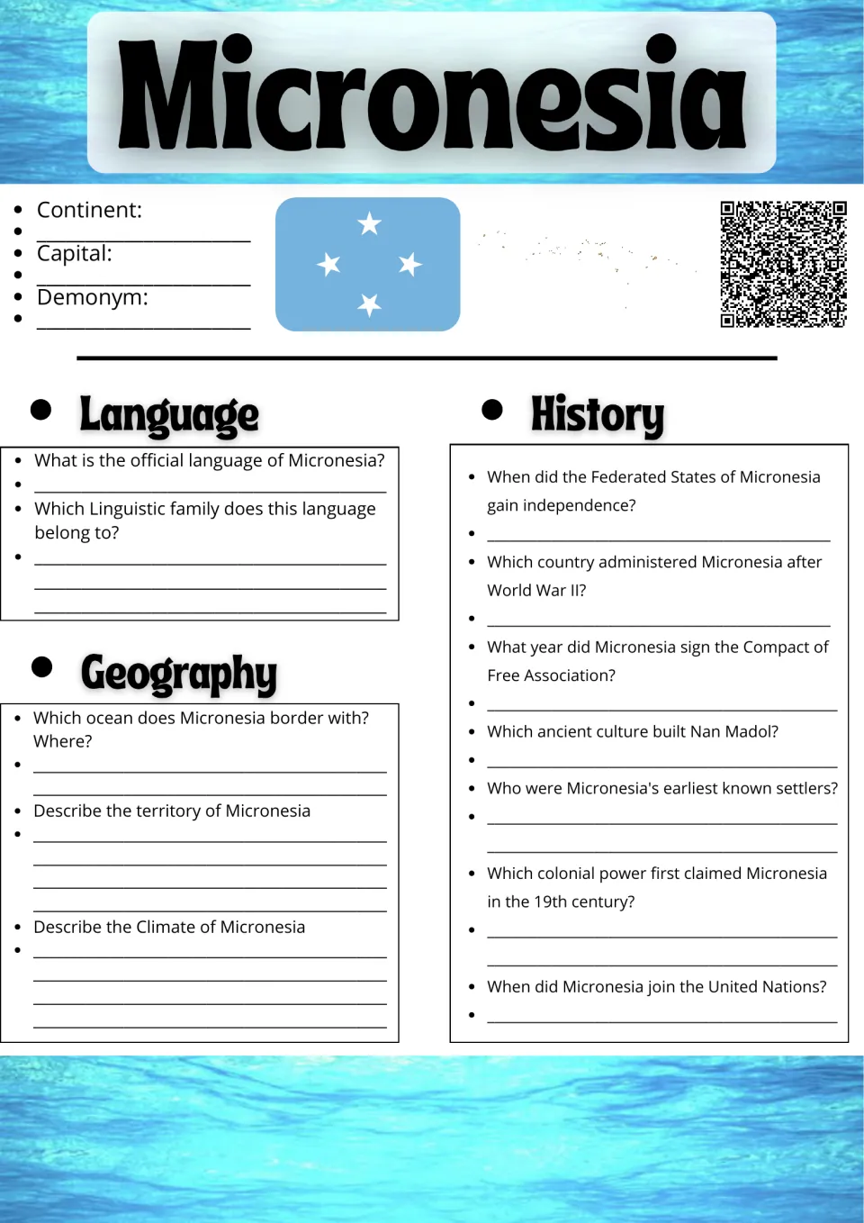 Micronesia research: students note continent, capital and demonym, then answer language, geography and history questions