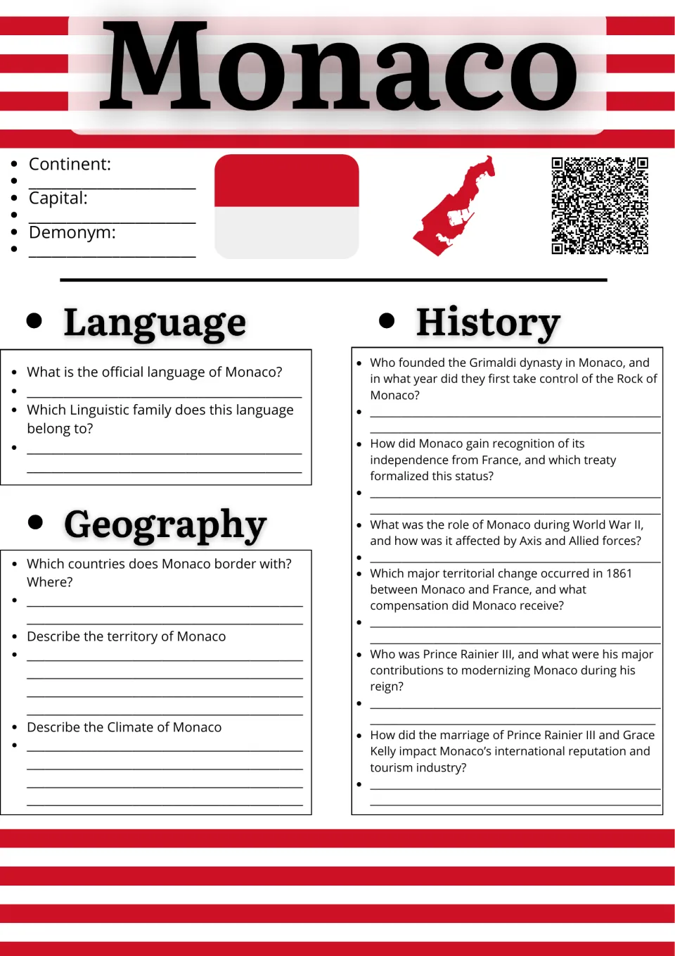 Monaco research: students record capital and demonym, then answer language, geography and Grimaldi history questions