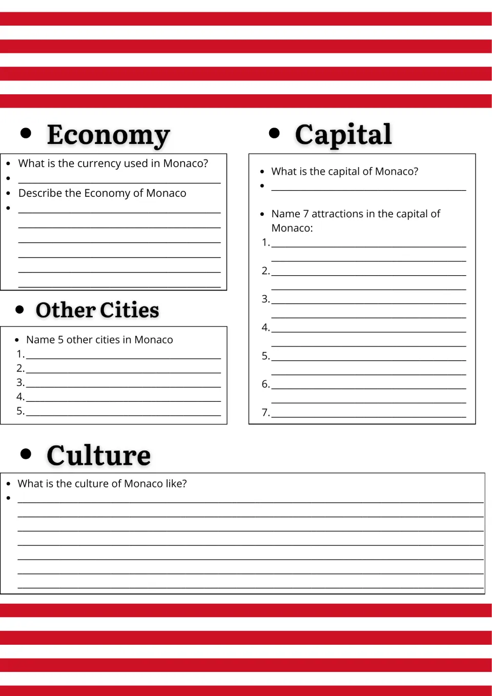 Monaco economy and culture: students name the currency, 5 other cities and 7 capital attractions, then describe culture