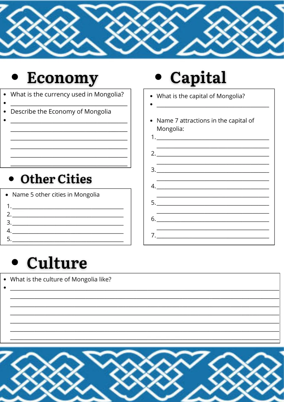 Mongolia economy, capital and culture: students name the currency, 5 other cities and 7 attractions in the capital city