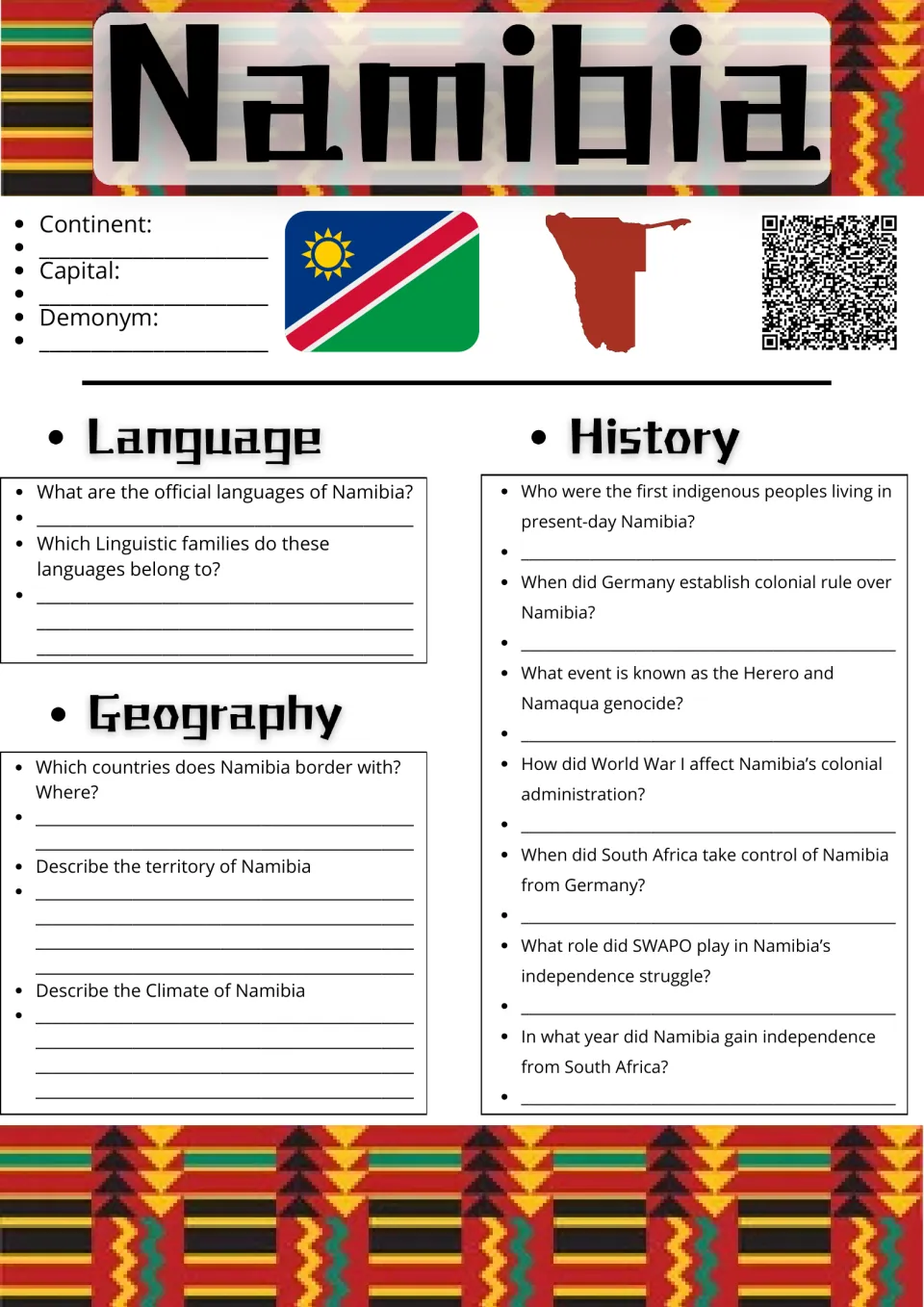 Namibia profile: students record continent, capital and demonym, then answer language, geography and history questions