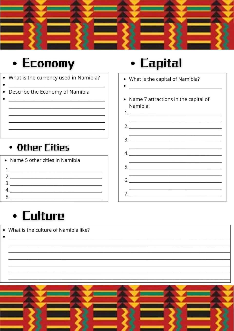 Namibia economy, cities and culture: students name the currency, list 5 cities and 7 capital attractions