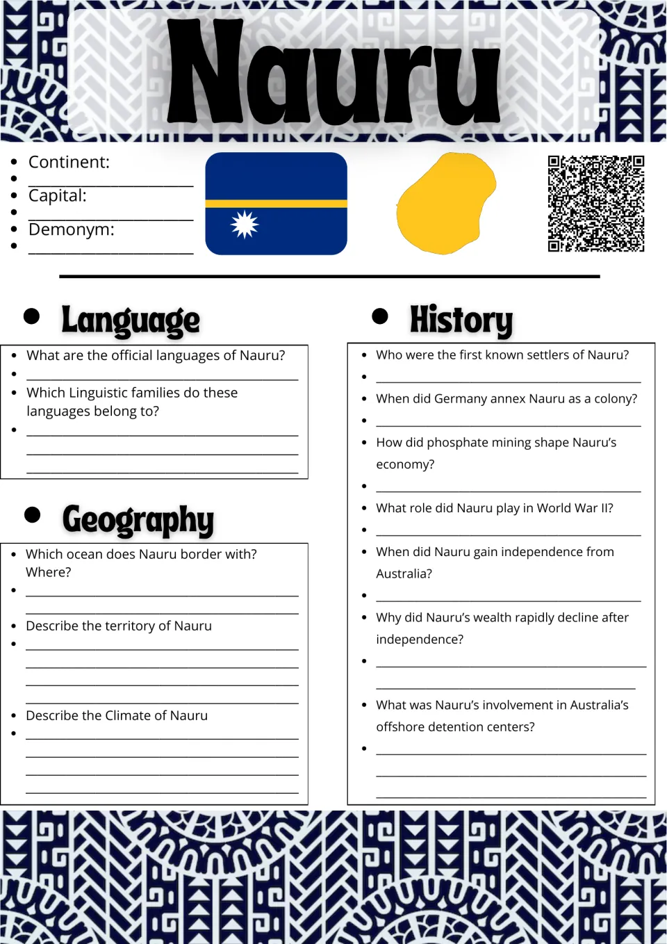 Nauru country research page 1: continent, capital, demonym, languages, geography, and history questions
