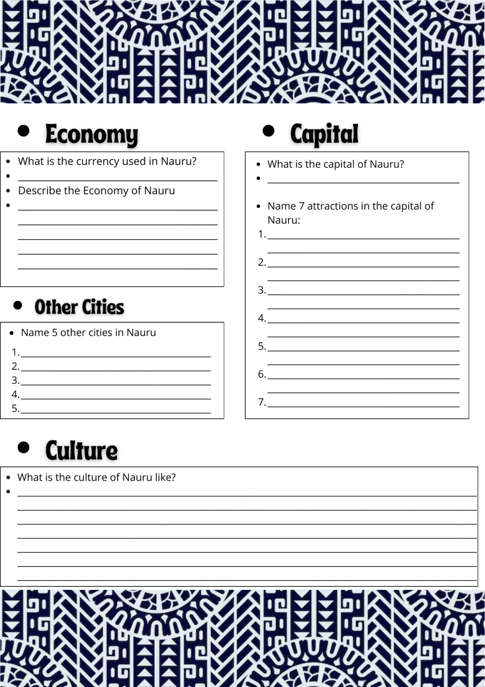 Nauru country research page 2: economy, currency, capital attractions, other cities, and culture prompts