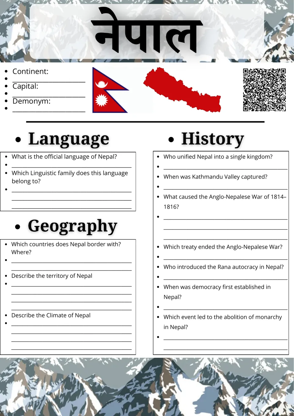 Nepal research: students note continent, capital and demonym, then answer language, geography and history questions