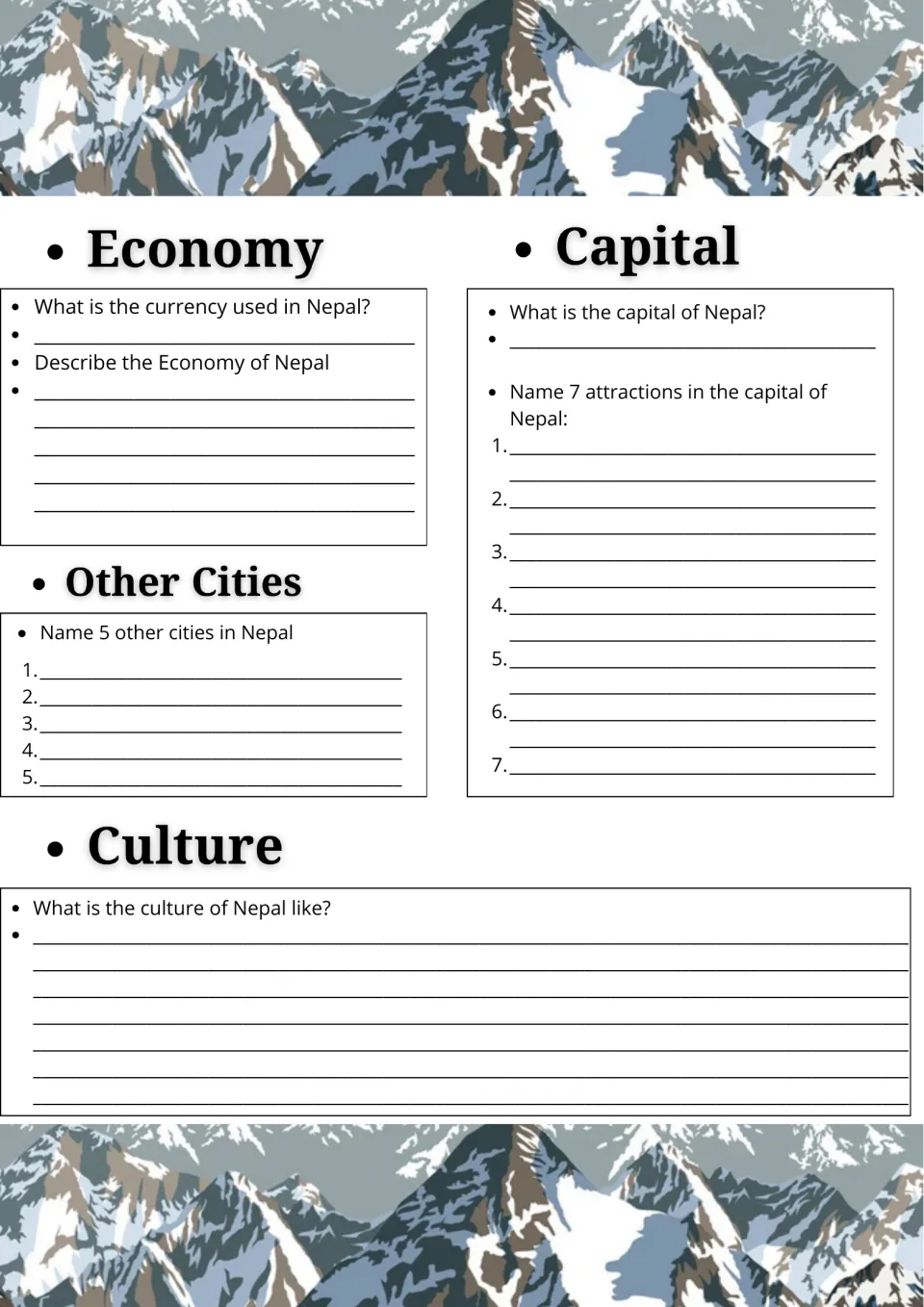 Nepal economy and cities: students give the currency, list 5 other cities and 7 capital attractions, describe culture