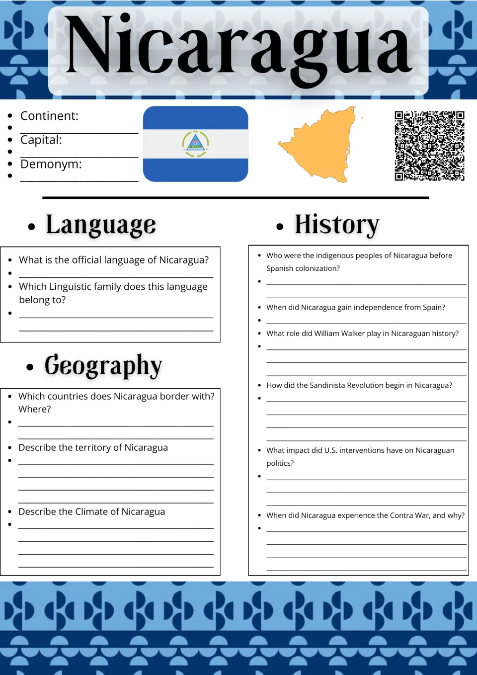 Nicaragua research: students record capital and demonym, then answer language, geography and history questions