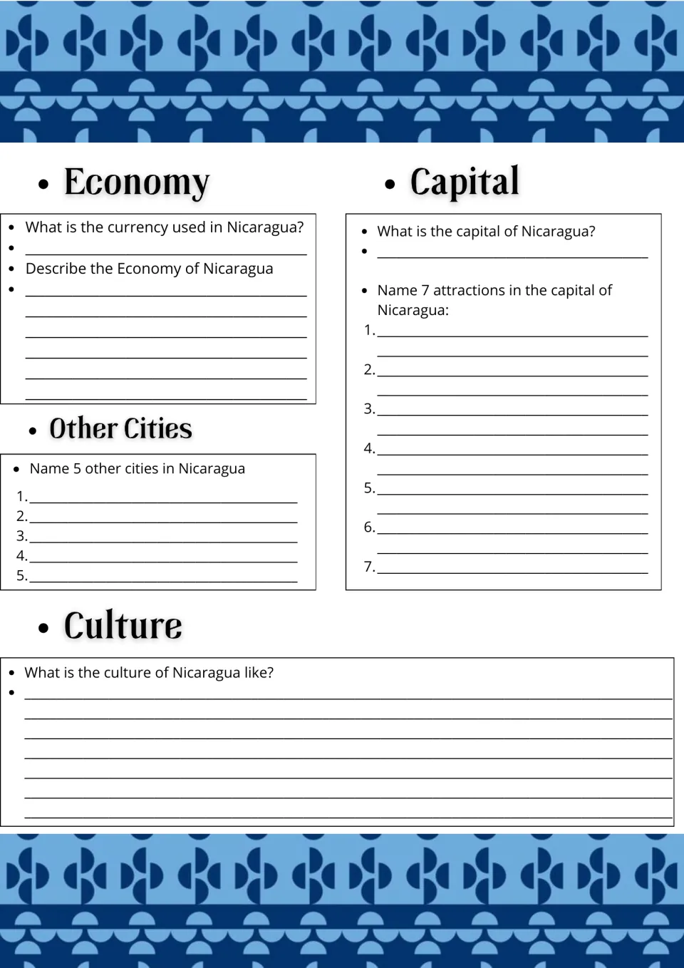 Nicaragua economy, capital and culture: students name currency, 5 other cities, 7 capital attractions and describe culture