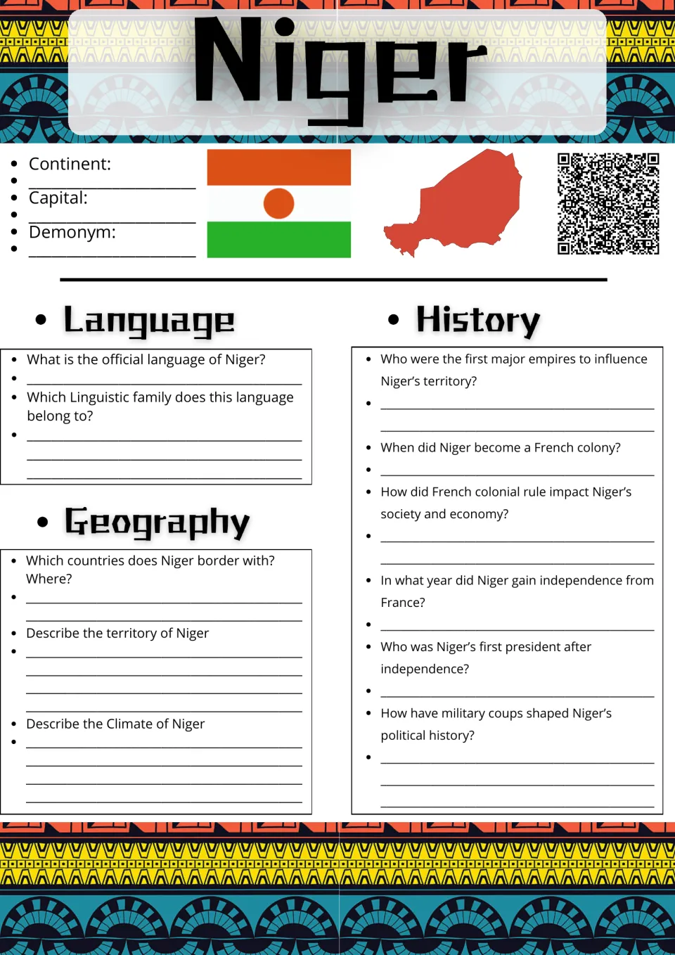 Niger research sheet: students note continent, capital and demonym, then answer language, geography and history questions