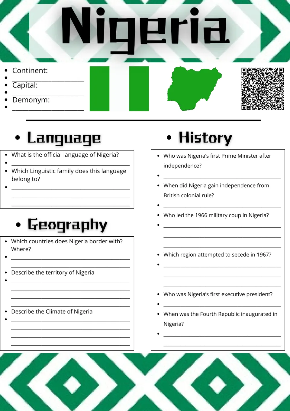 Nigeria research report, page 1: continent, capital, demonym, language, geography, and history questions