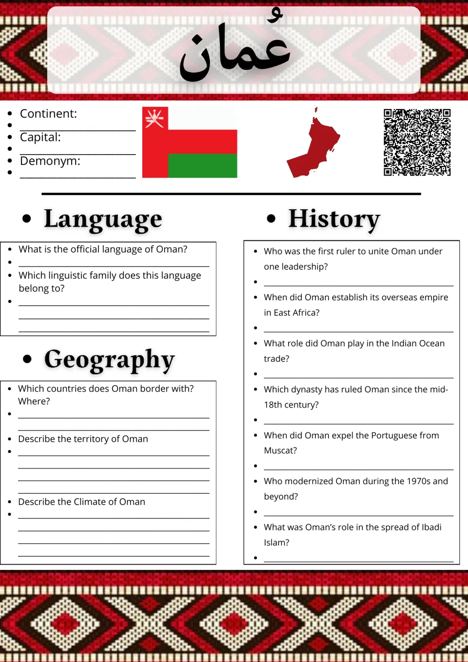Oman country research: students record capital and demonym, then answer language, geography and history questions