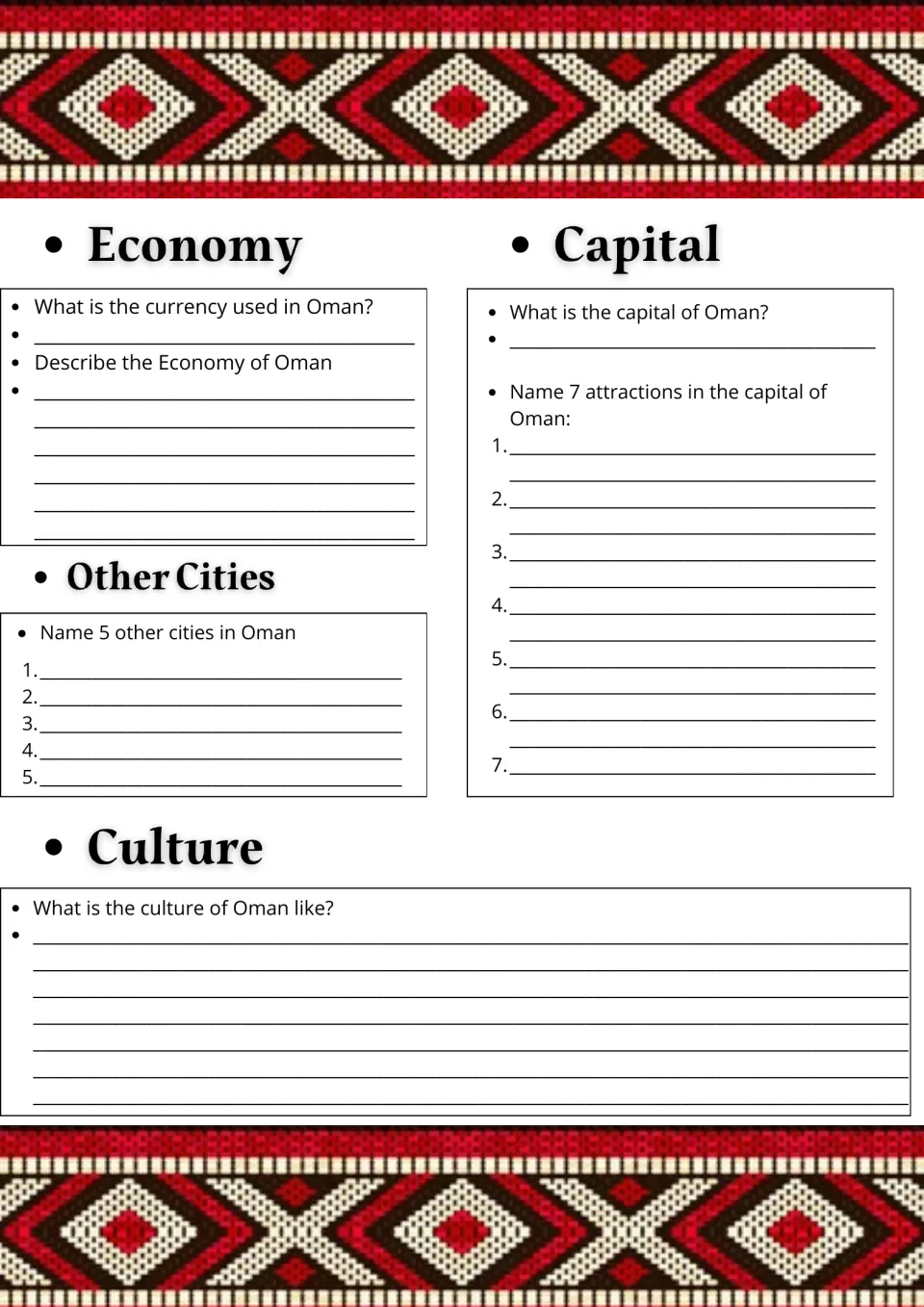 Oman economy and culture research: students name the currency, 5 other cities and 7 attractions in the capital