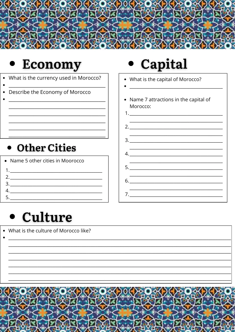 Morocco economy, capital and culture: students name the currency, 5 other cities and 7 attractions in the capital