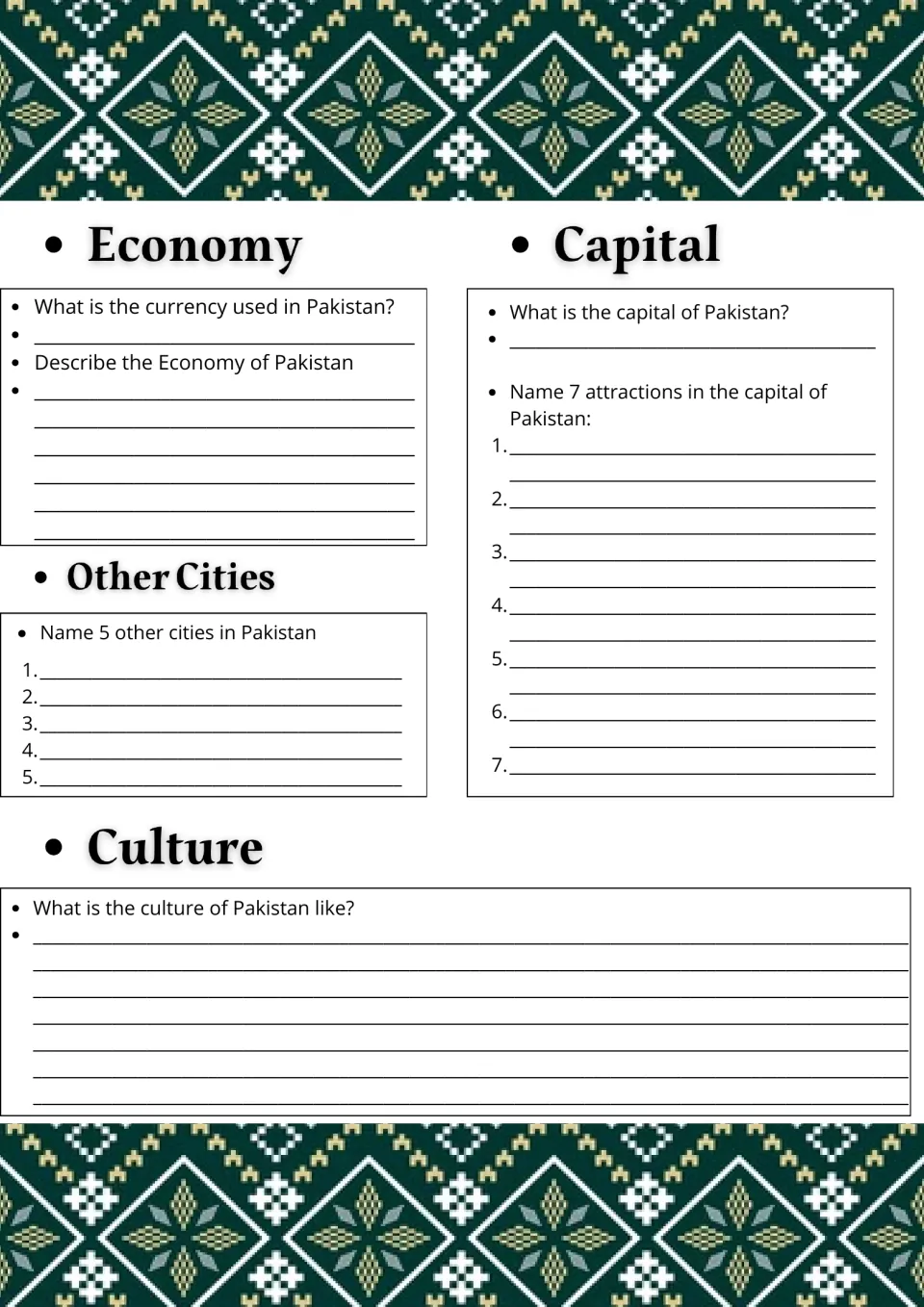 Pakistan economy and culture: students name the currency, 5 other cities and 7 capital attractions, then describe culture