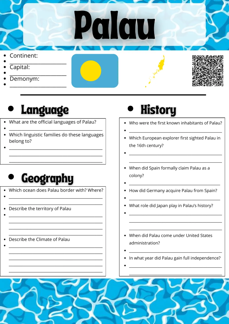 Palau research sheet with flag and map: students answer questions on its language, geography, climate and colonial history