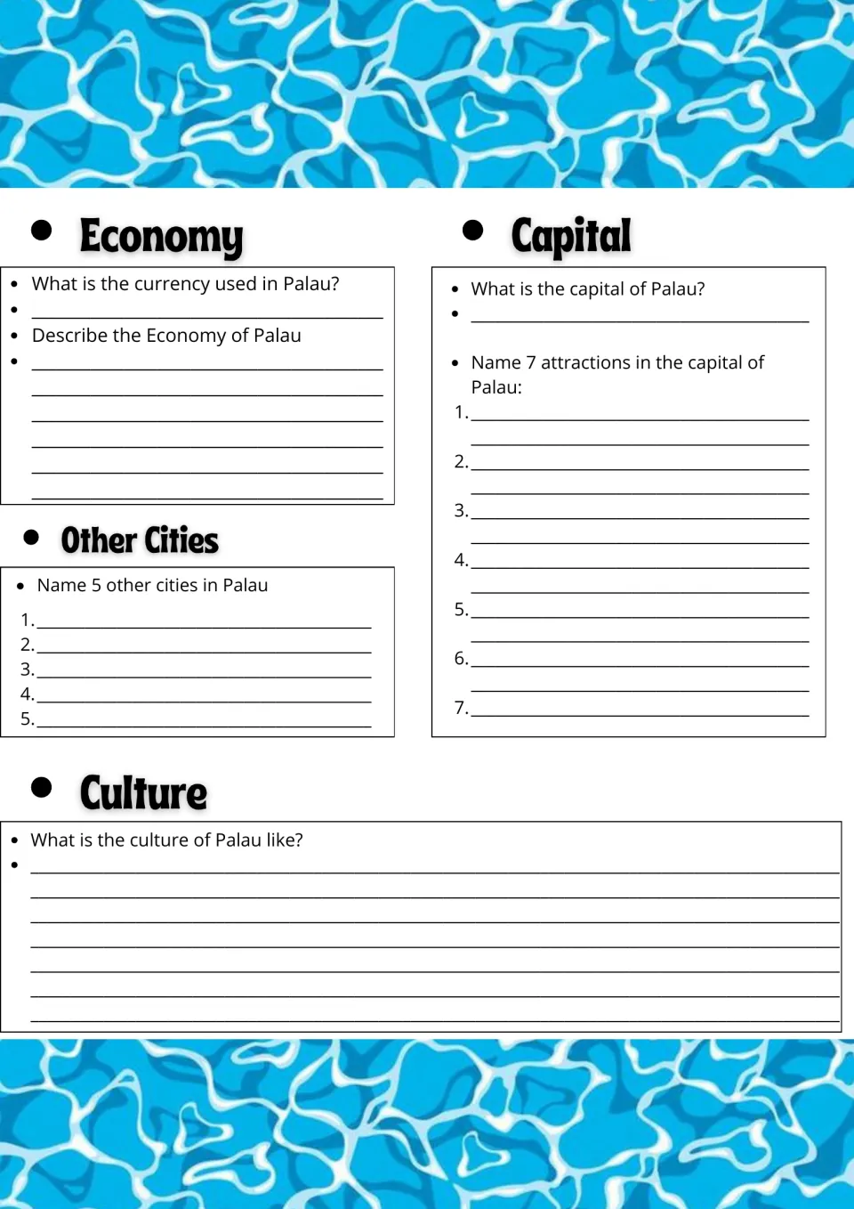 Palau economy, capital and culture: students give the currency, list 5 other cities and 7 capital attractions