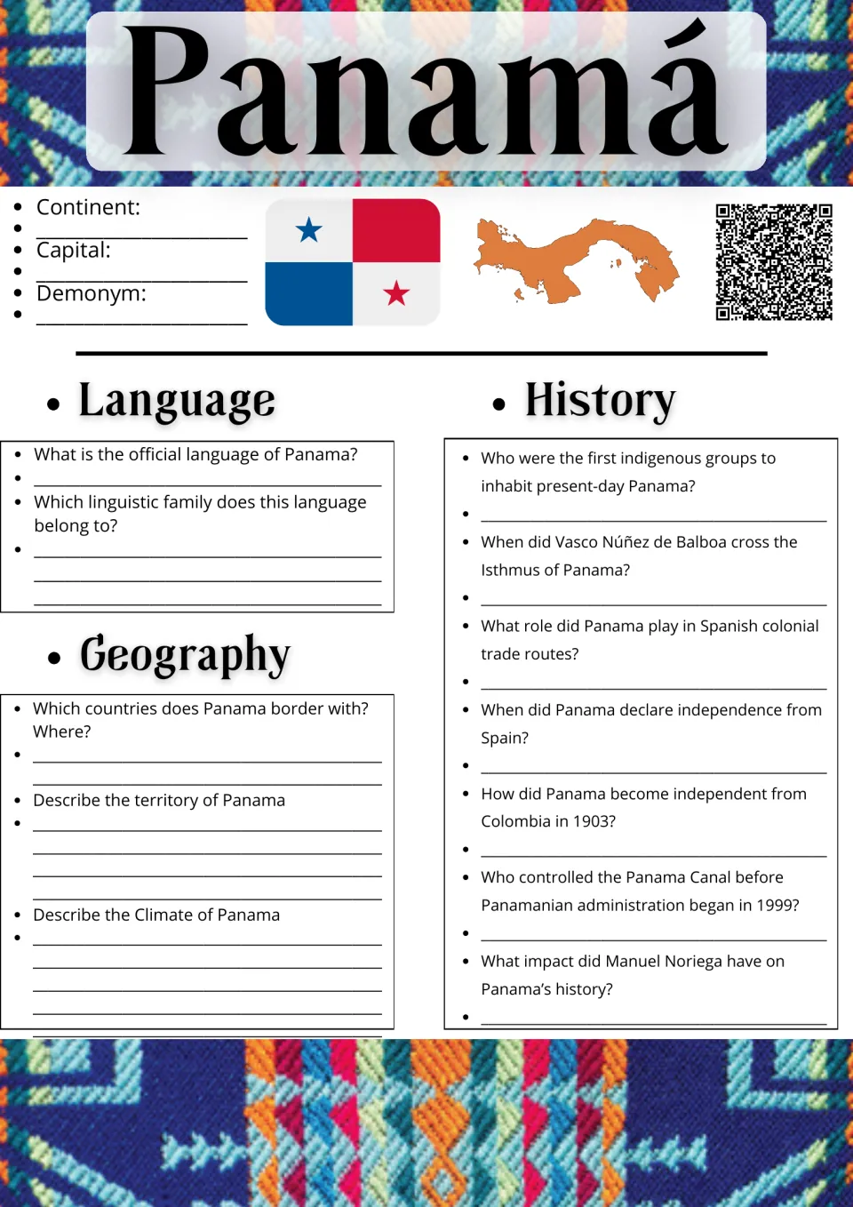 Panamá research sheet: students note continent, capital and demonym, then answer language, geography and history questions