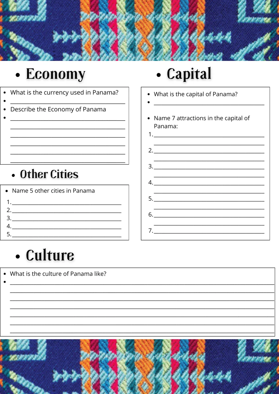 Panama economy, cities and culture: students name the currency, list 5 cities and 7 capital attractions, describe culture