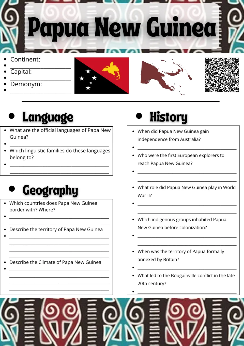 Papua New Guinea research: students note continent and capital, then answer language, geography and history questions