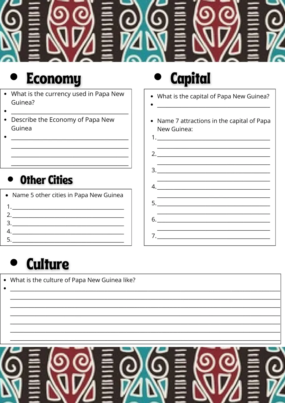 Papua New Guinea economy and culture: students research currency, the capital, 7 attractions there and 5 other cities