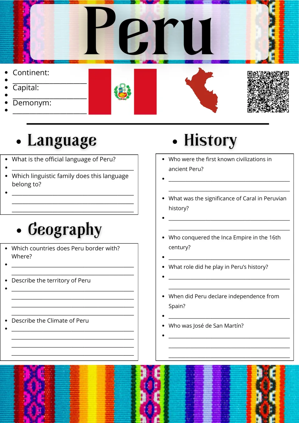 Peru research with flag and map: students answer questions on language, geography and history, from Caral to independence
