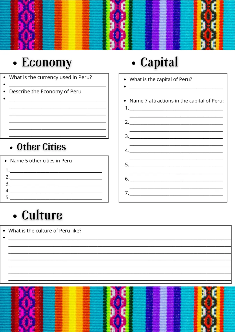 Peru economy and culture: students name the currency, 5 cities and 7 capital attractions, and describe Peruvian culture