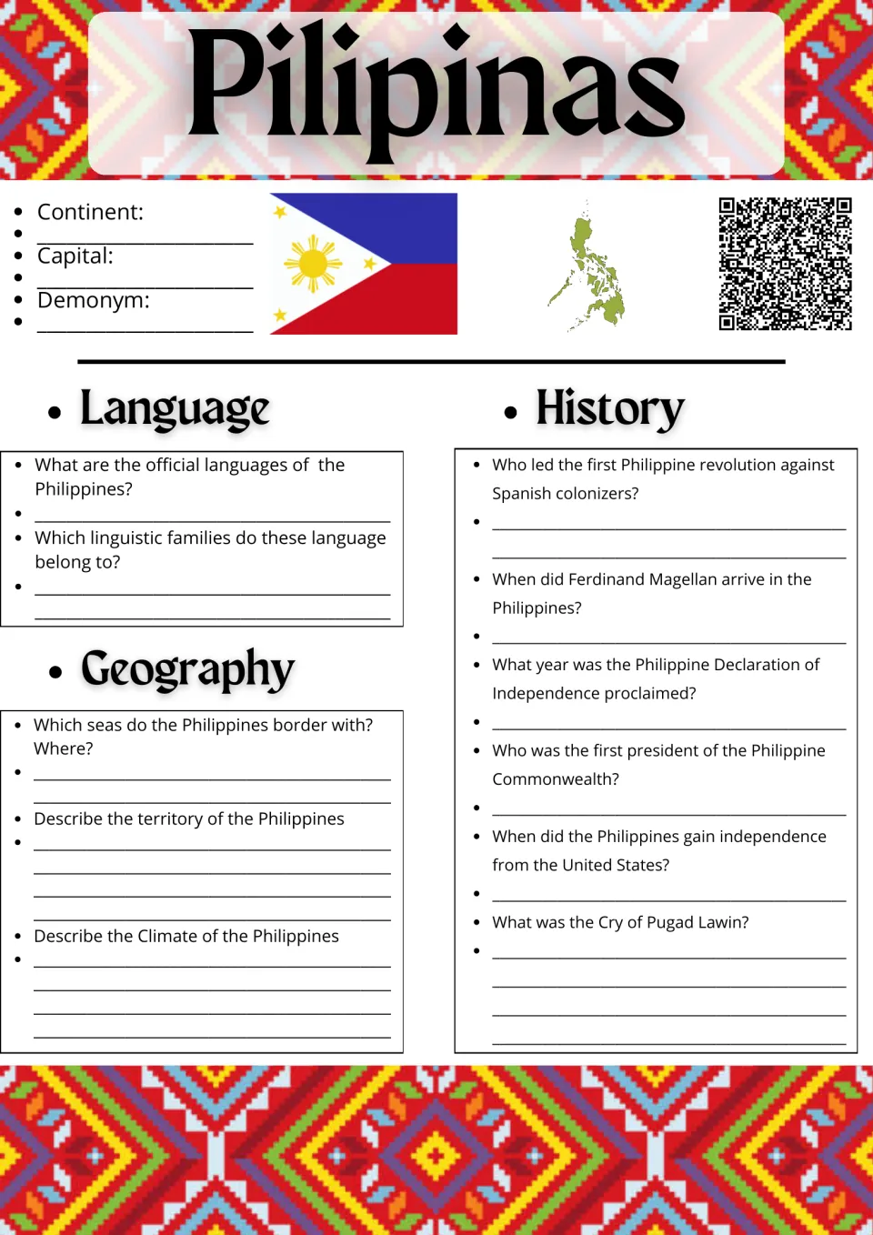 Pilipinas research sheet: students note capital and demonym, then answer language, geography and history questions