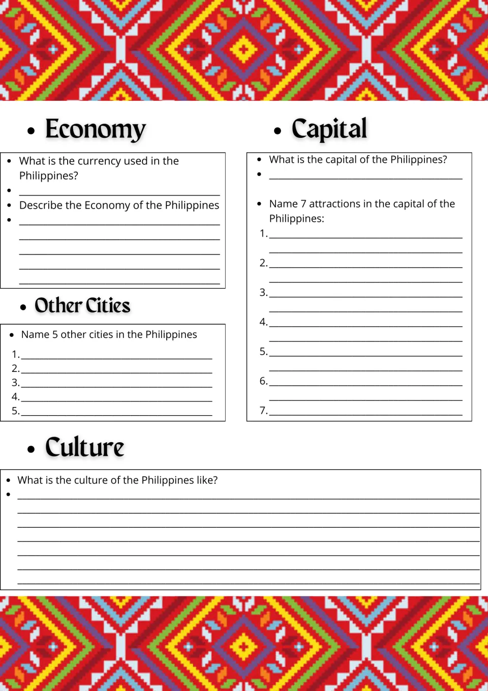 Philippine economy and culture: students give the currency, name 5 other cities and 7 attractions in the capital