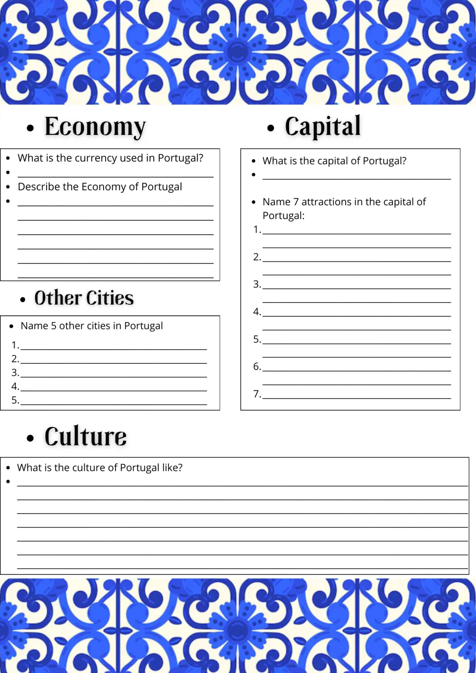 Portugal economy, capital and culture: students name the currency, 5 other cities and 7 attractions in the capital