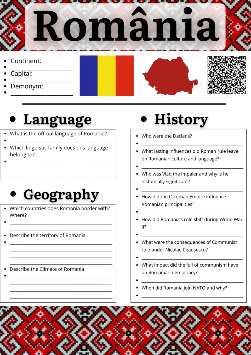 Romania research: students note capital and demonym, answer language, geography and history questions from Dacians to NATO