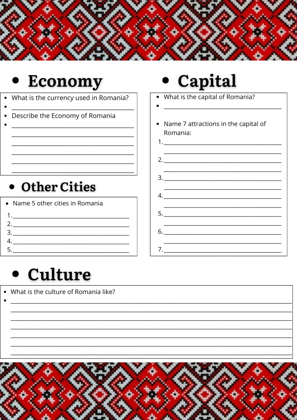 Romania economy and culture: students name the currency, 7 capital attractions and 5 other cities, then describe culture