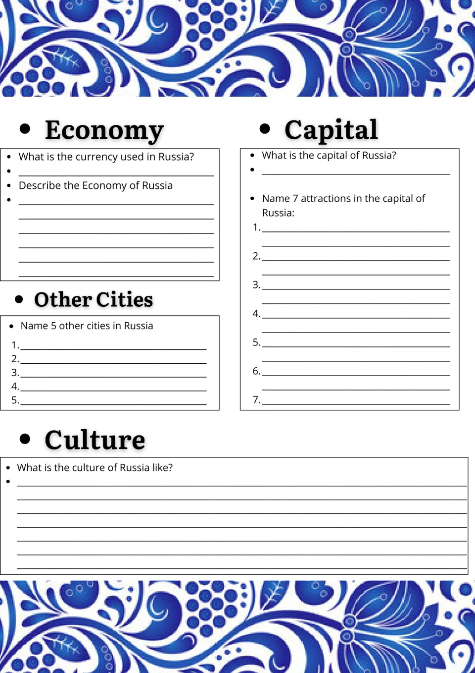 Russia economy, capital and culture: students find the currency, list 7 capital sights and 5 cities, describe culture