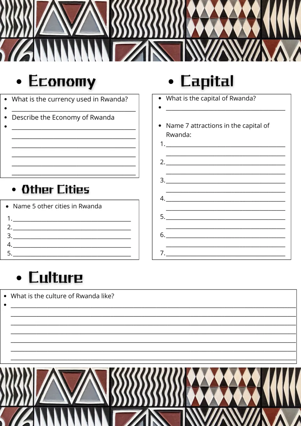 Rwanda economy and society: students give the currency, list 7 capital attractions and 5 other cities, and describe culture