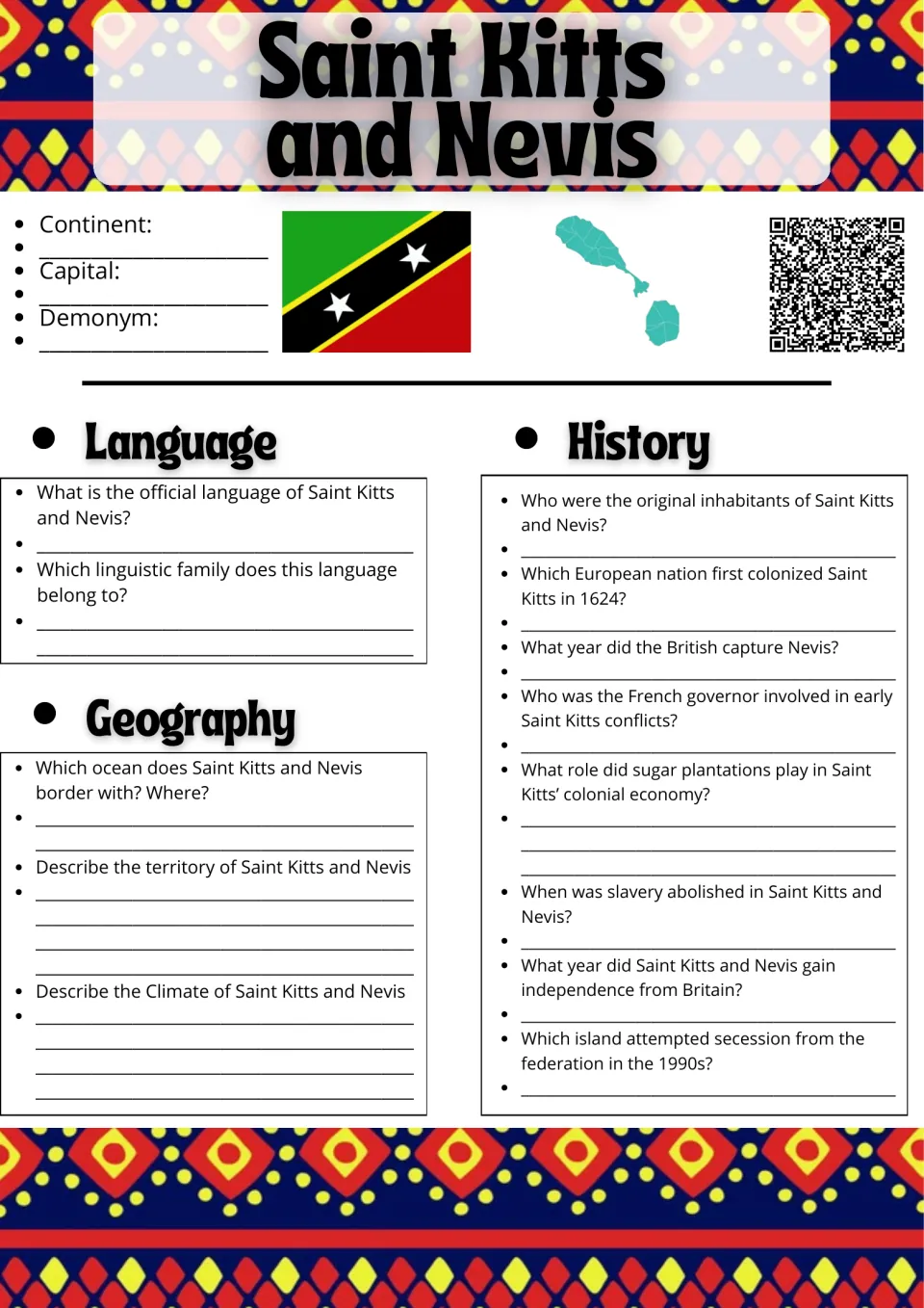Country research page 1: Saint Kitts and Nevis facts, language, geography, and history questions.