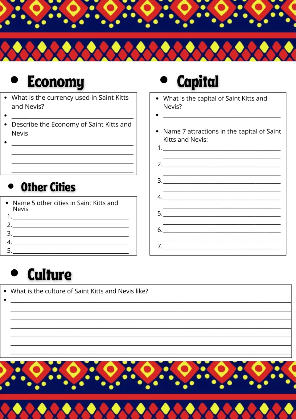 Country research page 2: questions on the economy, capital attractions, other cities, and culture.