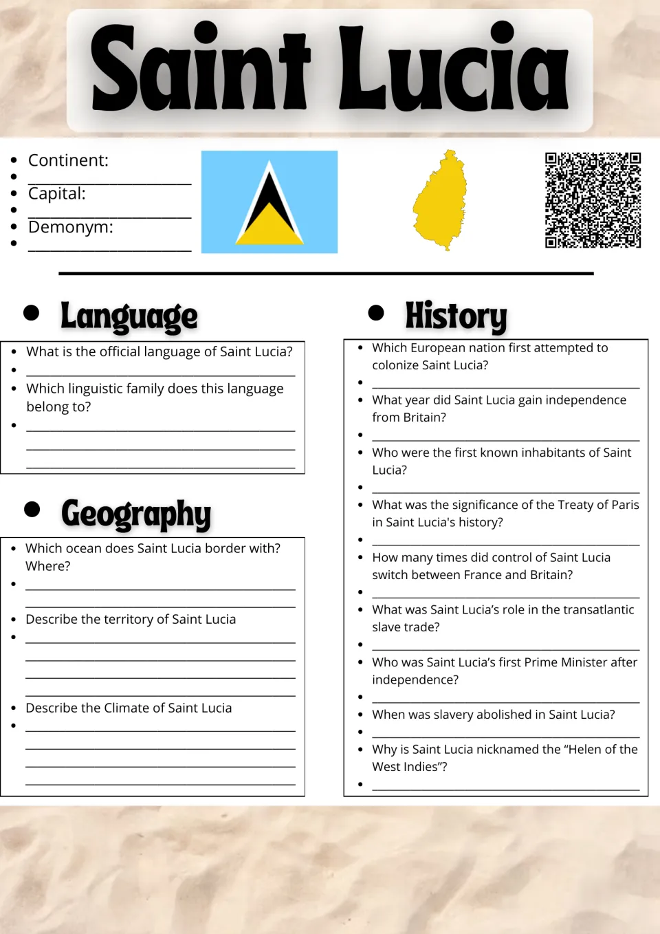 Saint Lucia research: students note continent, capital and demonym, then answer language, geography and history questions