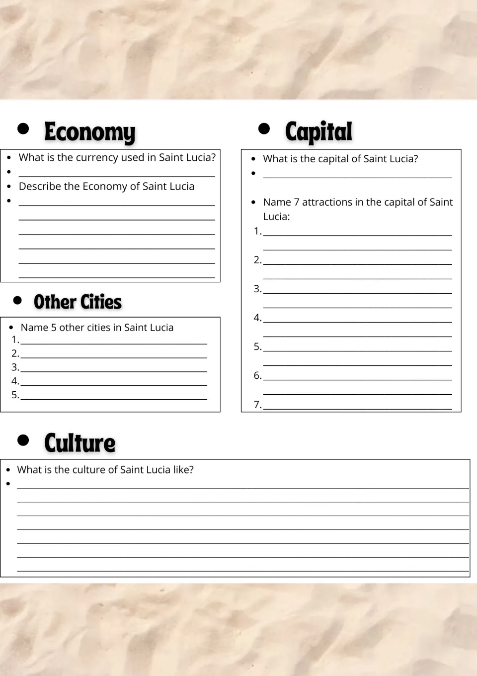 Saint Lucia economy and culture: students name the currency, 5 other cities and 7 capital attractions, and describe culture