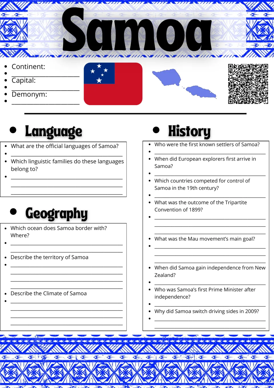 Samoa research: students note continent, capital and demonym, then answer language, geography and history questions