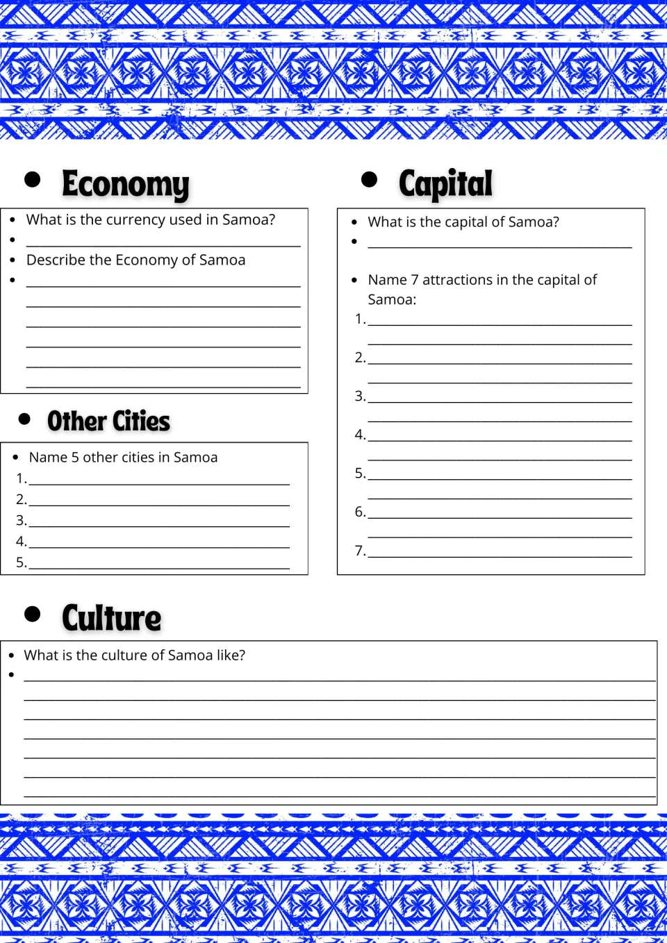 Samoa economy and culture: students name the currency, 5 cities and 7 attractions in the capital, then describe the culture