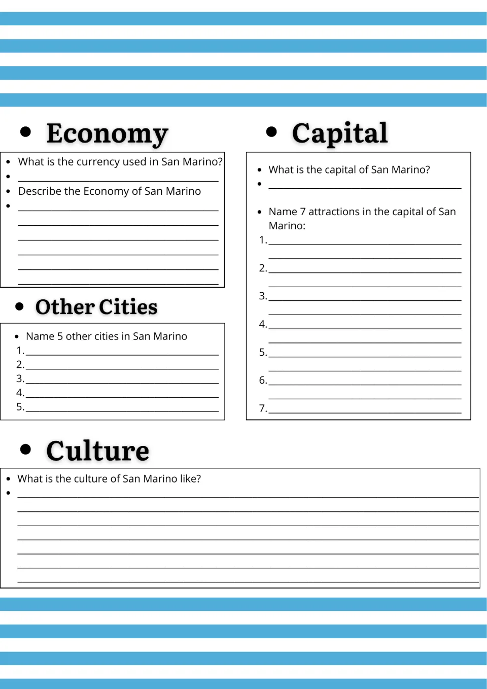 San Marino economy and capital: students name the currency, 5 other cities, 7 capital attractions and describe the culture